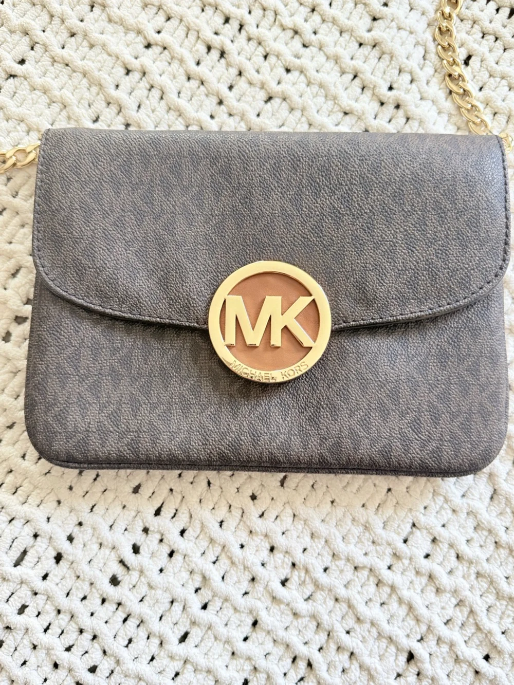 Michael Kors Fulton Brown Logo Crossbody with Gold MK Emblem and Chain